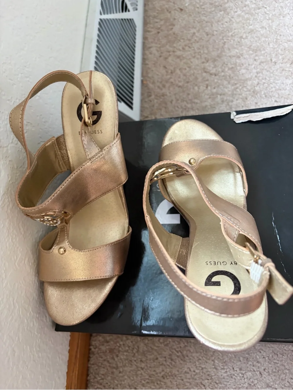 Guess Metallic Gold Wedge Sandals with Wood-Effect Platform